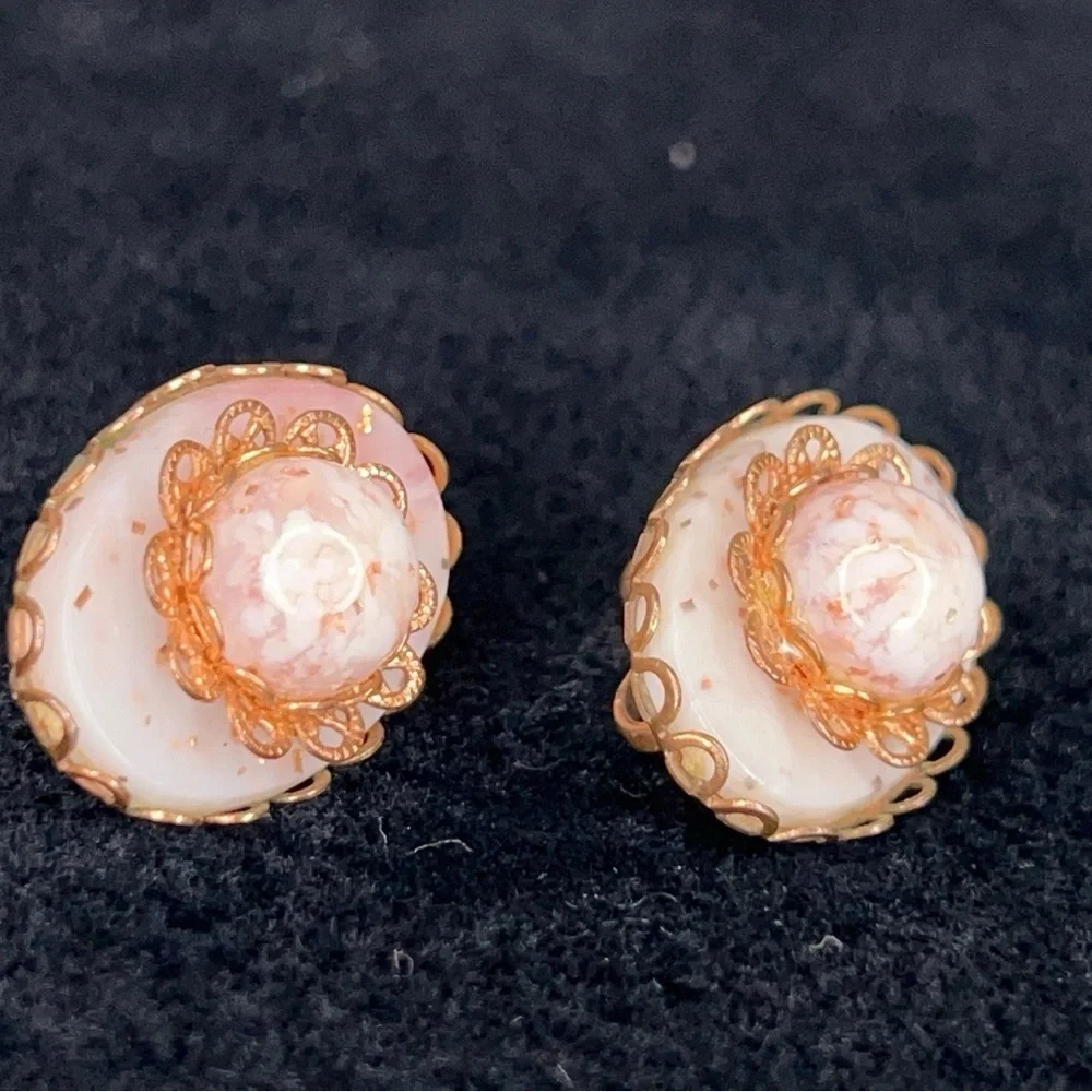 Vintage Ivory White Pink Copper Clip On Earrings Event Wedding